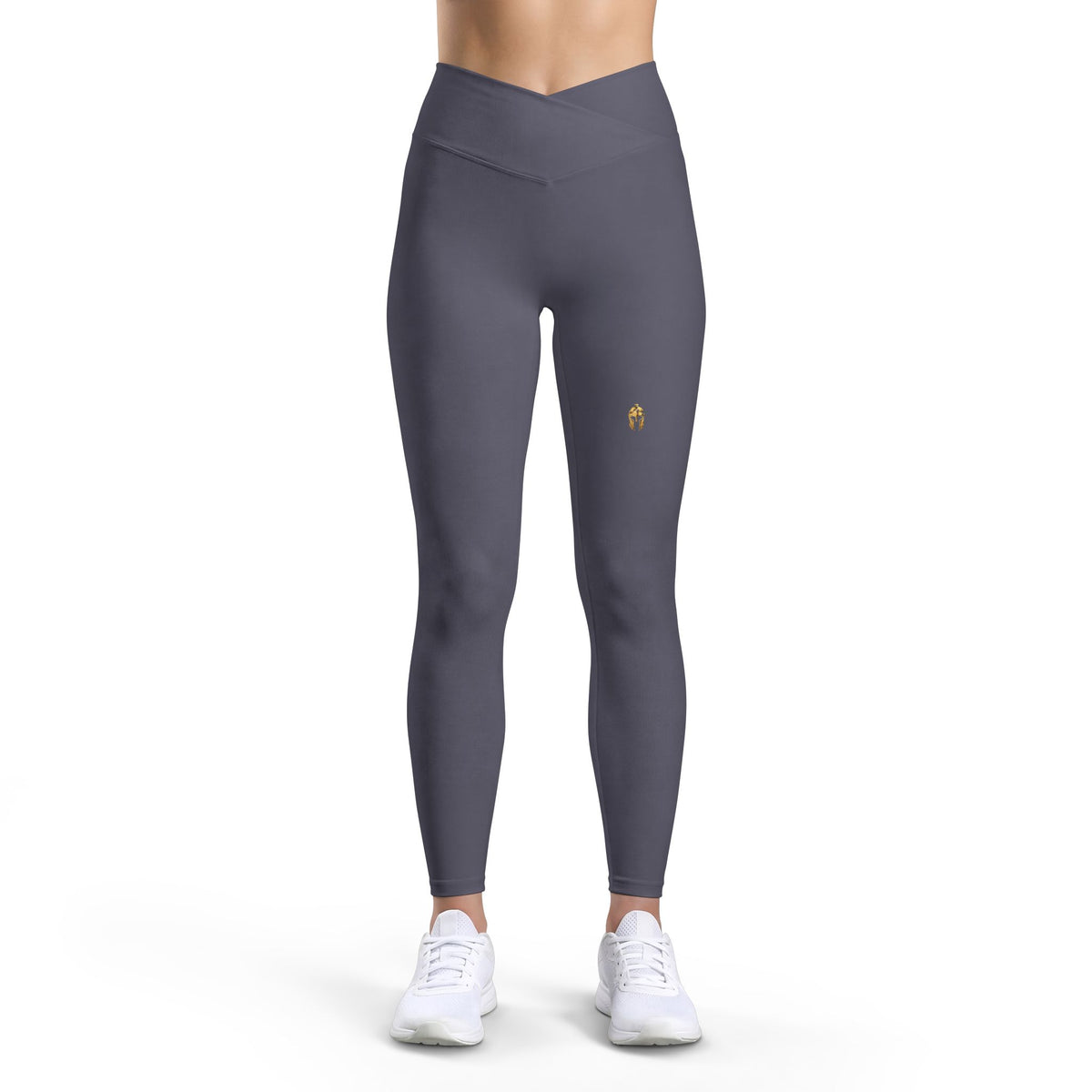 Model wearing charcoal women's performance legging, front view