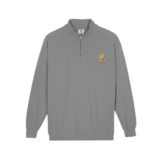 Artifex Legio washed quarter-zip in Grey with the gold Roman helmet on the left chest