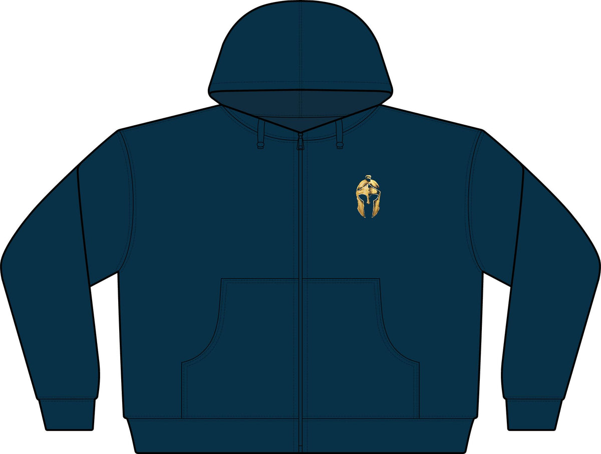 Artifex Legio women's zip hoodie in French Navy with the gold Roman helmet on the left chest