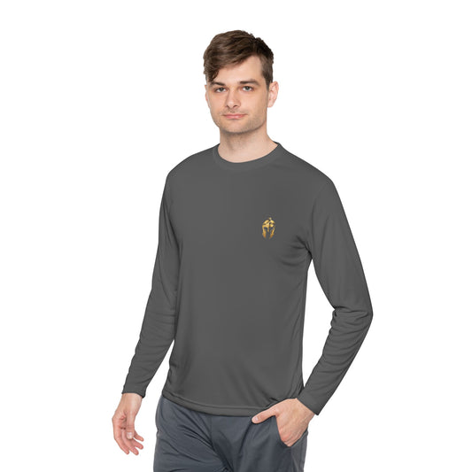 Man wearing iron grey men's performance long sleeve with the gold Helm helmet on the chest