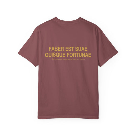 Back of brick casual tee with Faber est suae quisque fortunae in gold