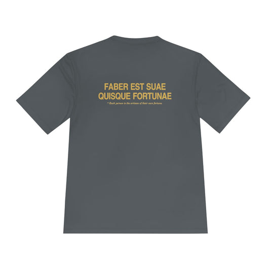 Back of iron grey performance tee with Faber est suae quisque fortunae in gold