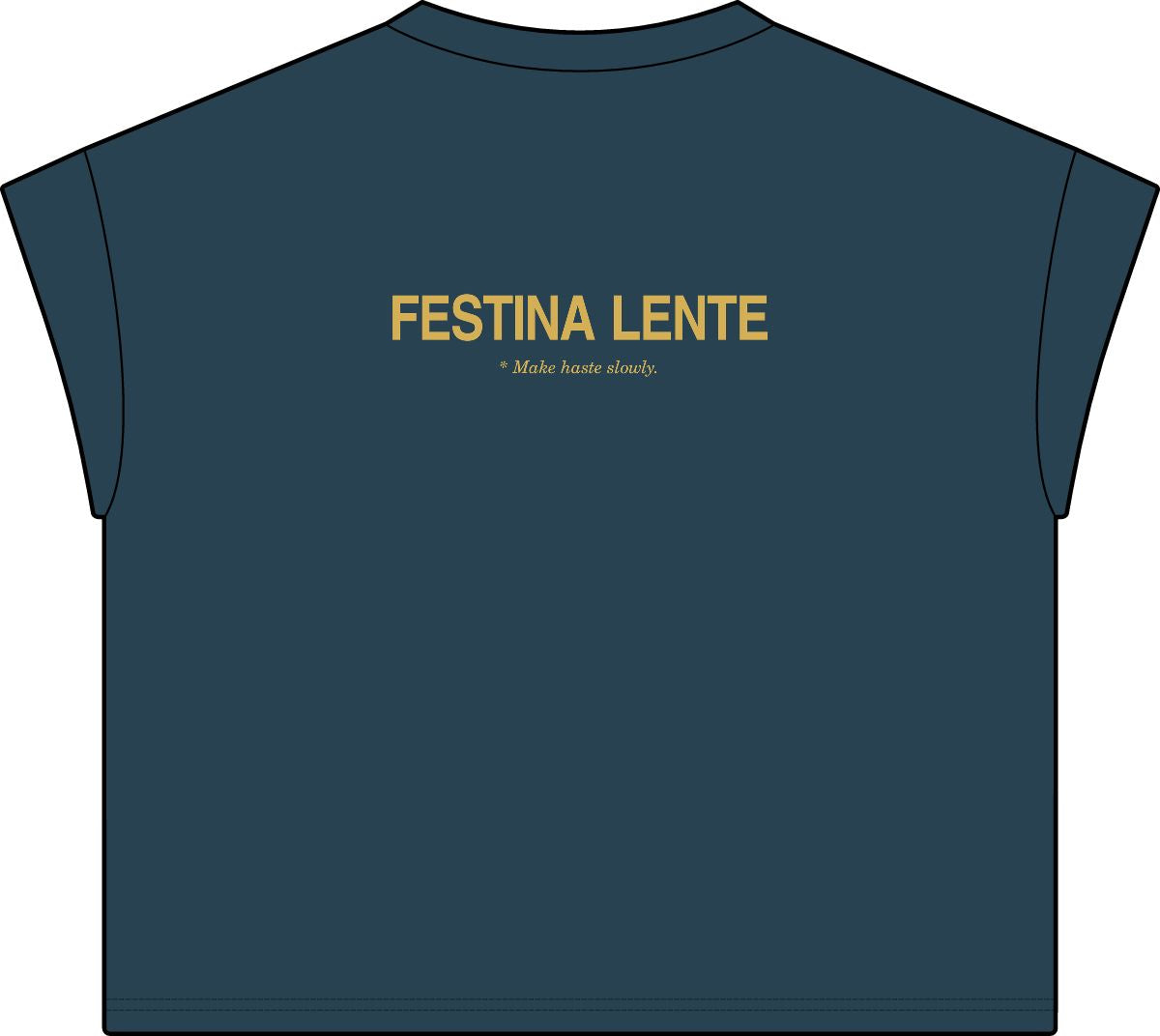 Back of washed navy women's casual tee with Festina Lente in gold