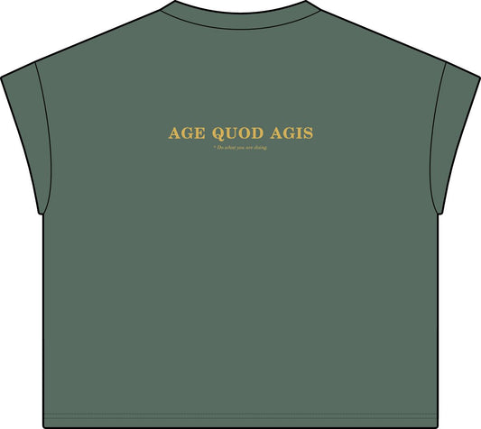 Back of washed basil women's casual tee with Age Quod Agis in gold