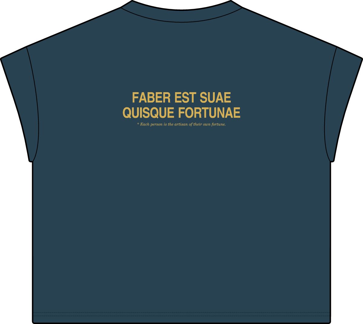 Back of washed navy women's casual tee with Faber est suae quisque fortunae in gold
