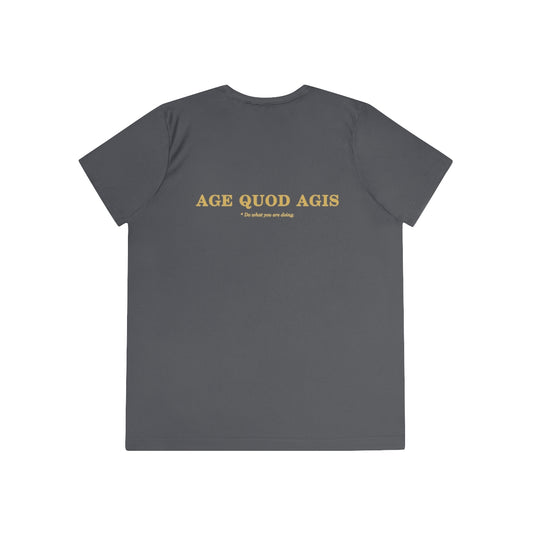 Back of iron grey women's performance tee with Age Quod Agis in gold