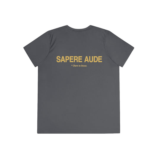 Back of iron grey women's performance tee with Sapere Aude in gold