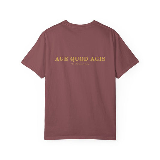 Back of a brick Artifex Legio casual tee with Age Quod Agis printed in gold