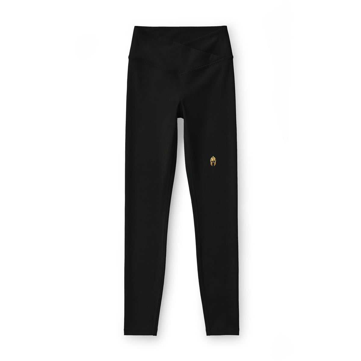Women's performance leggings with a gold helmet on the thigh.