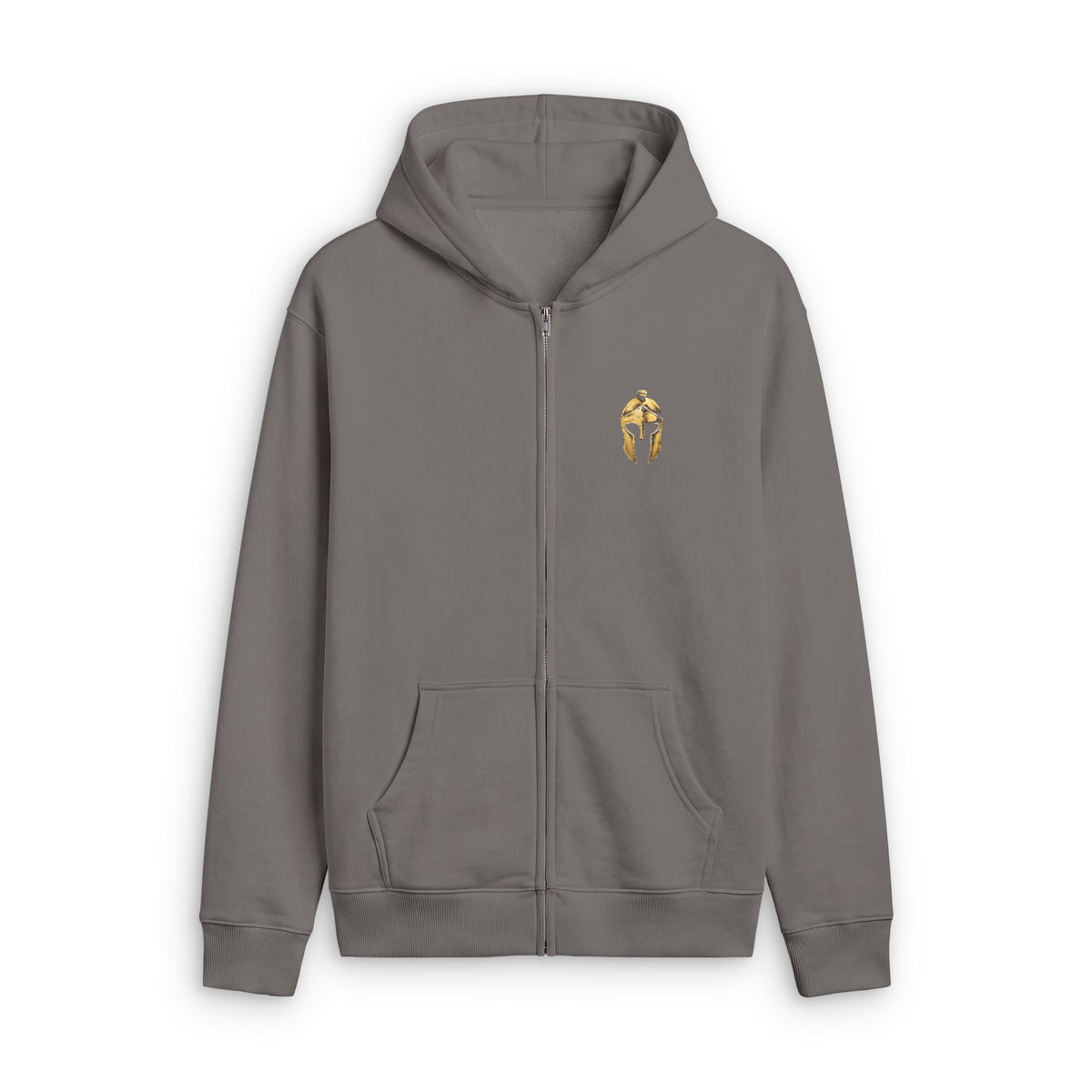 Artifex Legio men's faded zip hoodie in Faded Grey with the gold Roman helmet on the left chest