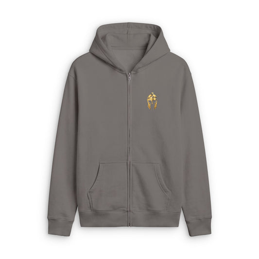 Artifex Legio men's faded zip hoodie in Faded Grey with the gold Roman helmet on the left chest