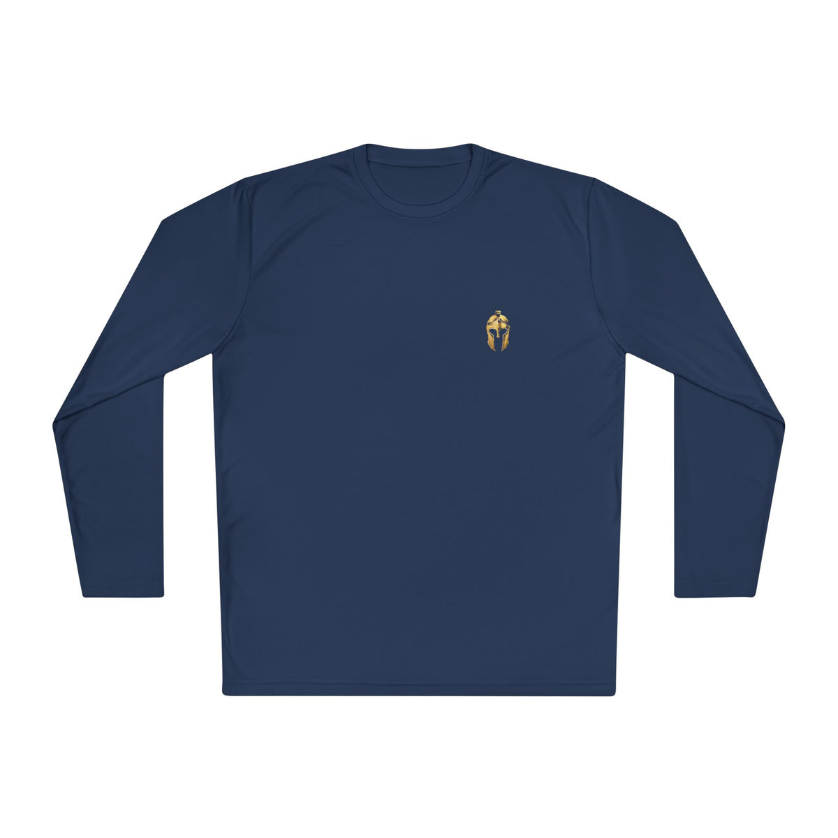 True Navy men's performance long sleeve with a small gold Helm helmet on the chest