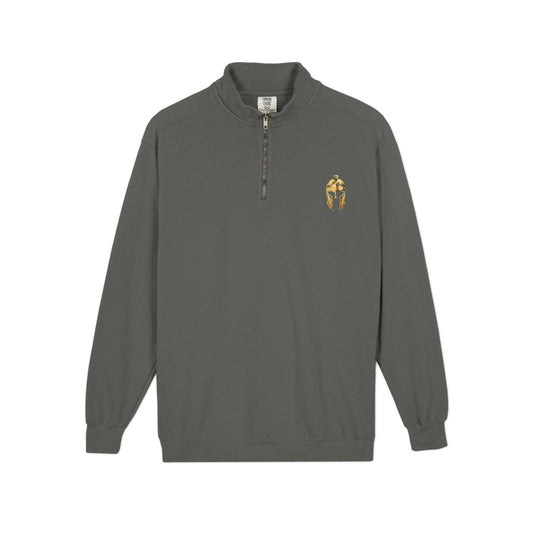 Artifex Legio washed quarter-zip in Pepper with the gold Roman helmet on the left chest