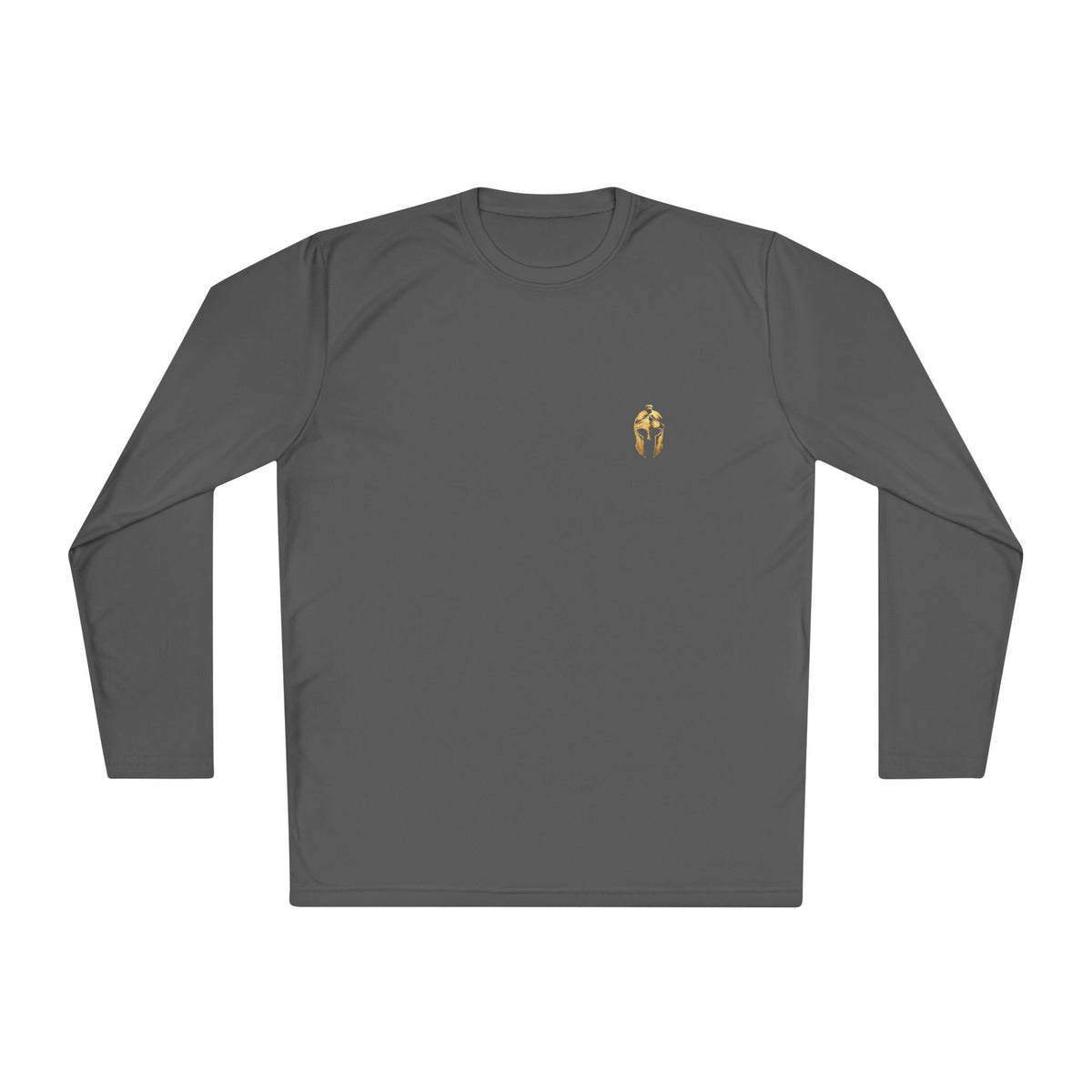 Iron Grey men's performance long sleeve with a small gold Helm helmet on the chest