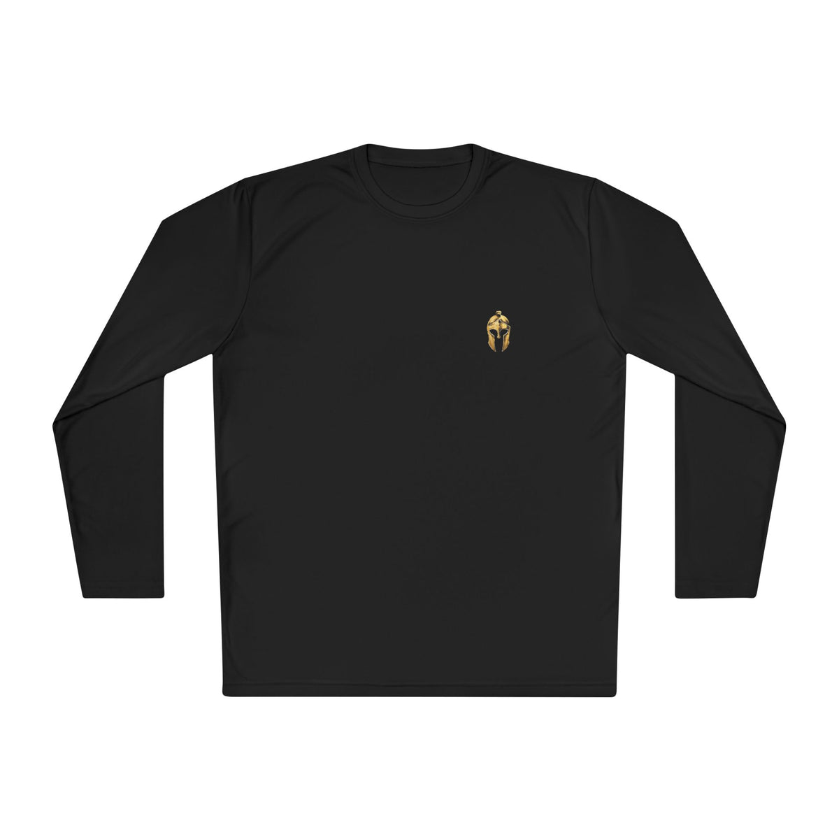 Black men's performance long sleeve with a small gold Helm helmet on the chest