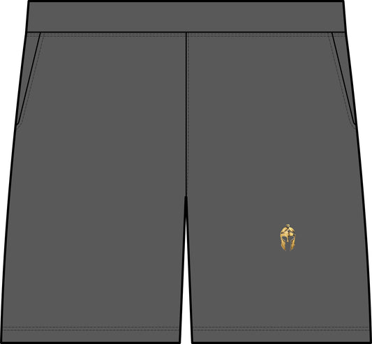 Iron Grey men's 7-inch performance short with a small gold Helm helmet on the left leg
