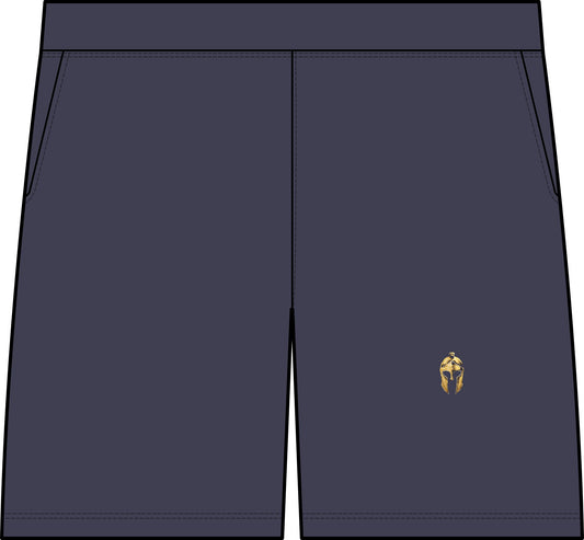 True Navy men's 7-inch performance short with a small gold Helm helmet on the left leg