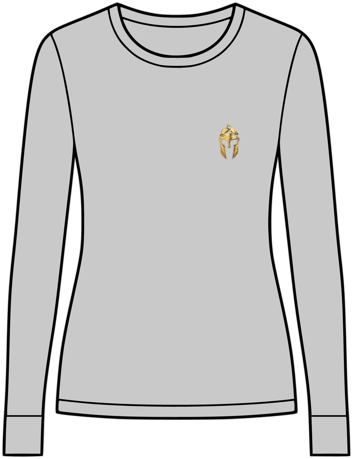 Grey Heather women's performance long sleeve with a small gold Helm helmet on the chest