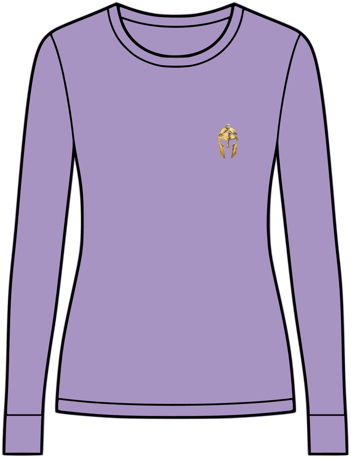 Hyacinth Heather women's performance long sleeve with a small gold Helm helmet on the chest