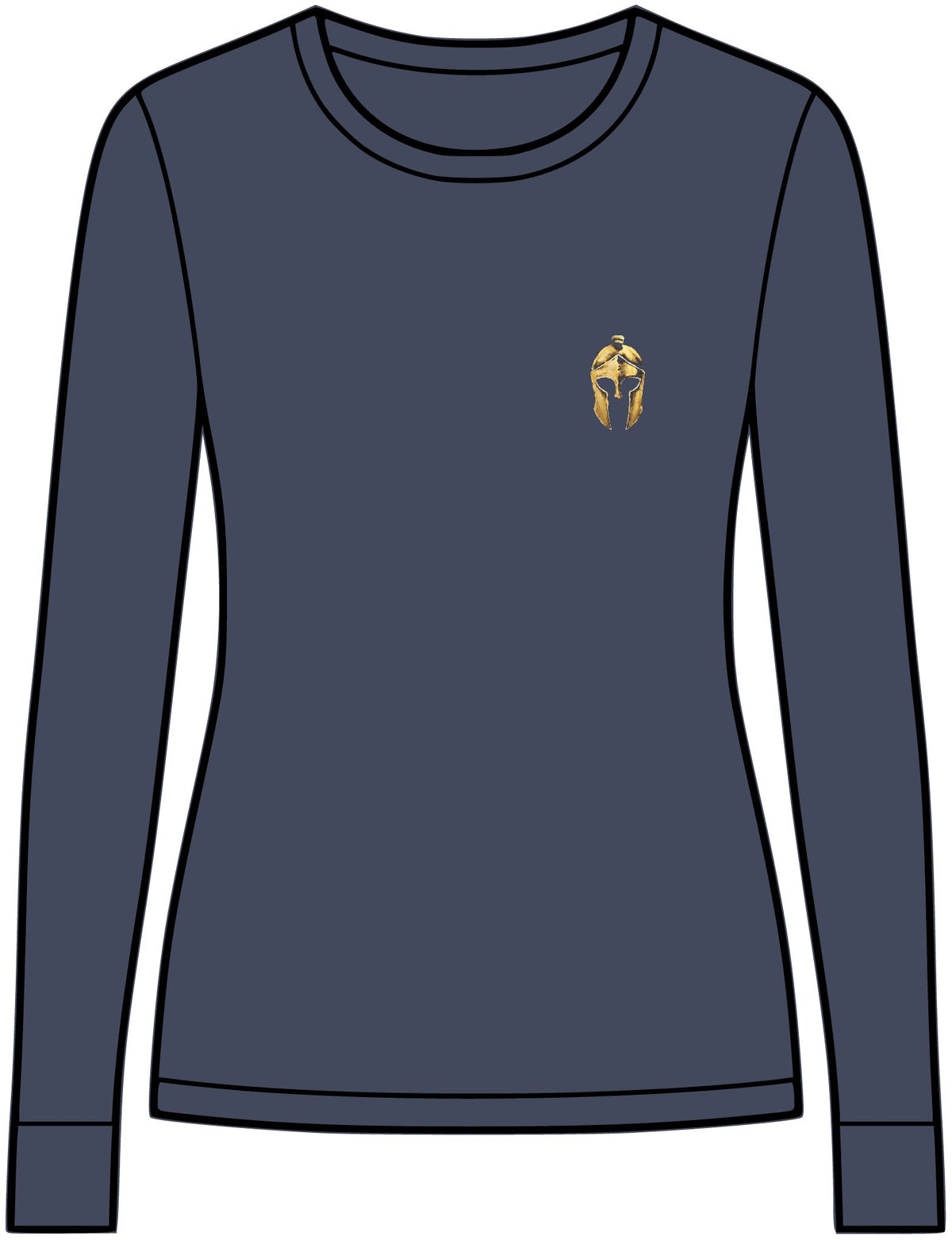 Dark Denim Heather women's performance long sleeve with a small gold Helm helmet on the chest