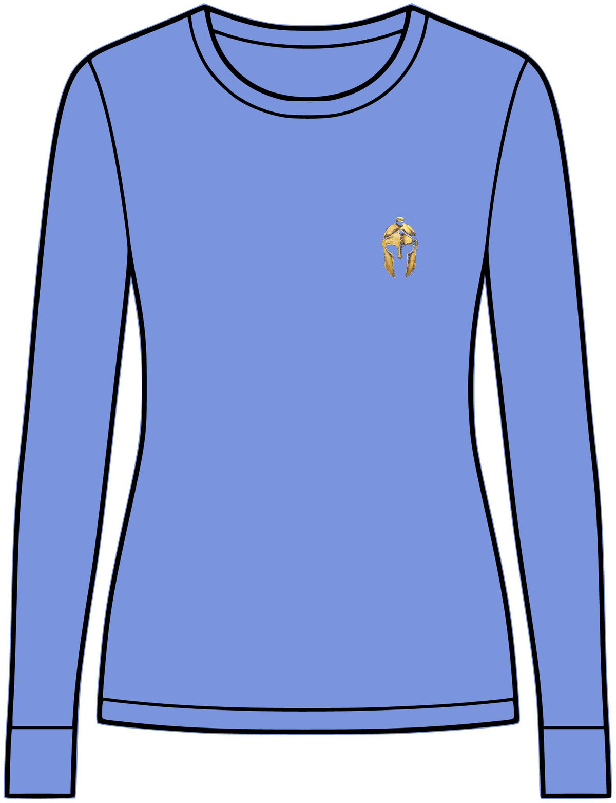 True Royal Heather women's performance long sleeve with a small gold Helm helmet on the chest
