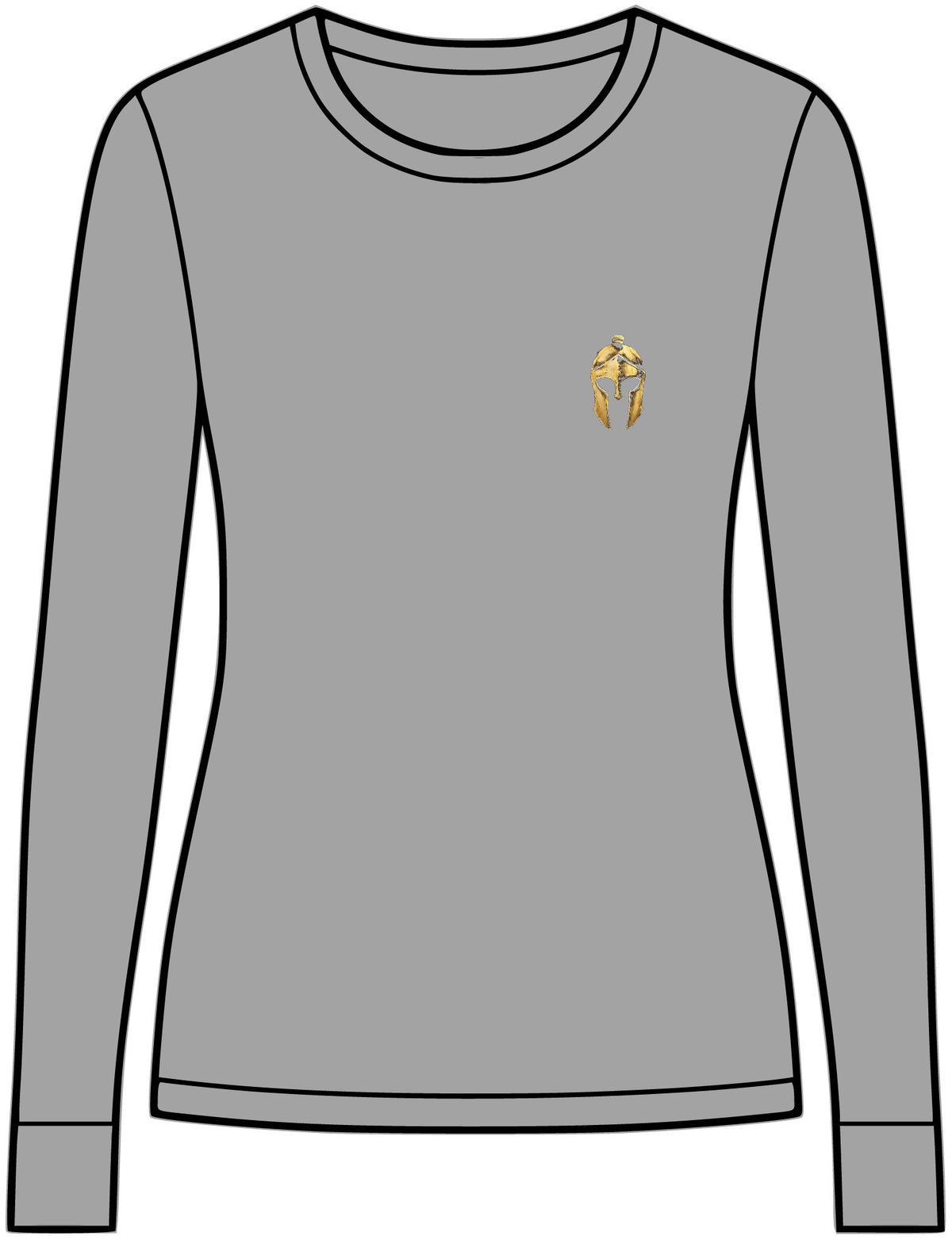Graphite Heather women's performance long sleeve with a small gold Helm helmet on the chest