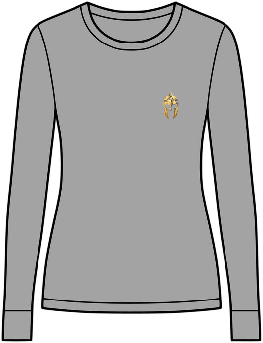 Graphite Heather women's performance long sleeve with a small gold Helm helmet on the chest