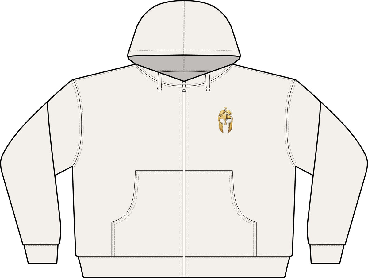 Artifex Legio women's zip hoodie in Cool Heather Grey with the gold Roman helmet on the left chest