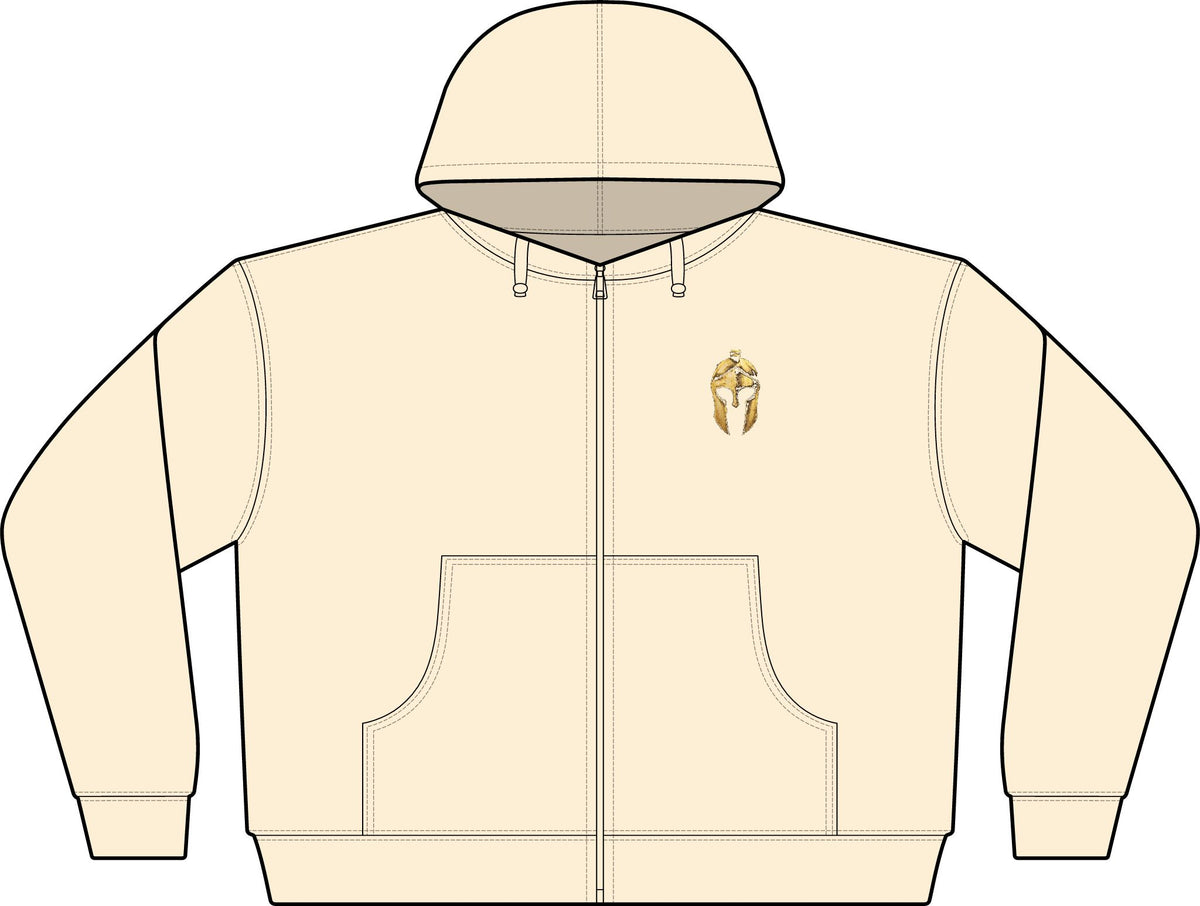 Artifex Legio women's zip hoodie in Natural Raw with the gold Roman helmet on the left chest