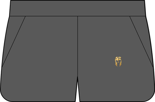 Iron Grey women's performance short with a small gold Helm helmet on the left leg
