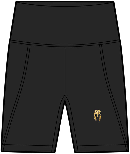 Black women's performance bike short with a small gold Helm helmet on the left leg