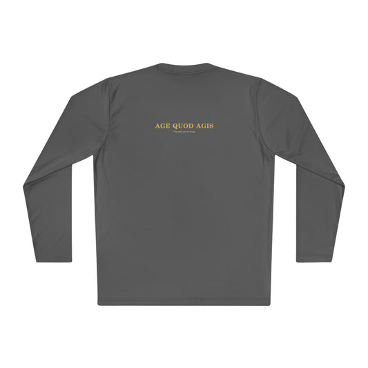 Back of iron grey men's performance long sleeve with Age Quod Agis in gold