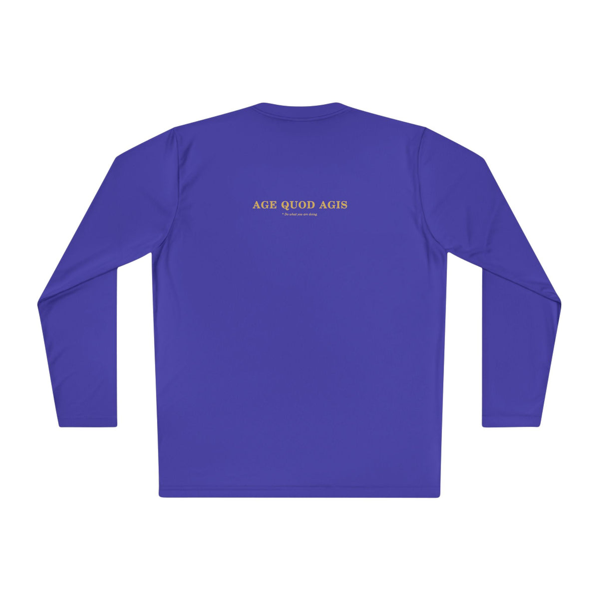 Back of purple men's performance long sleeve with Age Quod Agis in gold