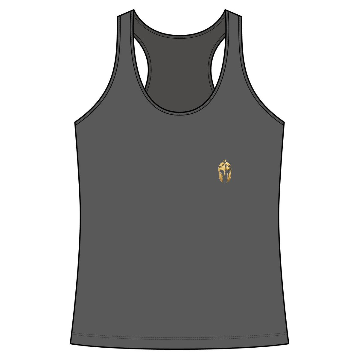 Iron Grey women's racerback tank with a small gold Helm helmet on the chest