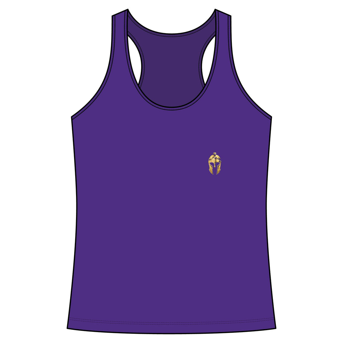 Purple women's racerback tank with a small gold Helm helmet on the chest