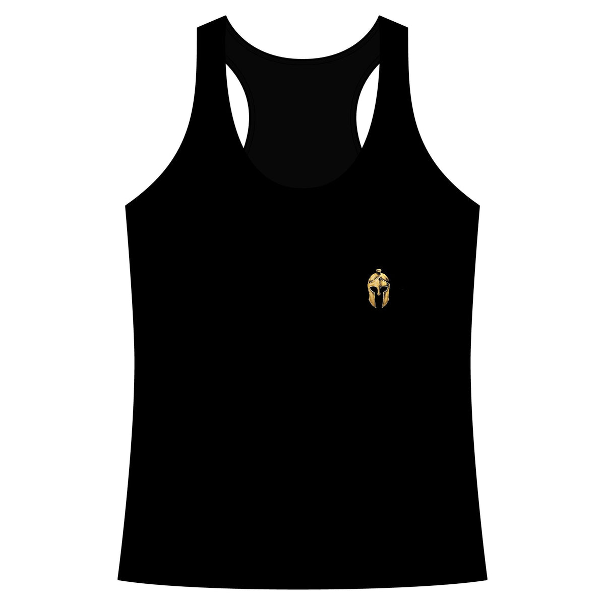 Black women's racerback tank with a small gold Helm helmet on the chest