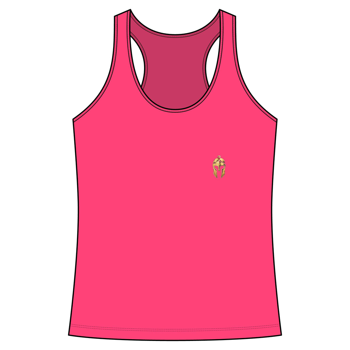 Neon Pink women's racerback tank with a small gold Helm helmet on the chest