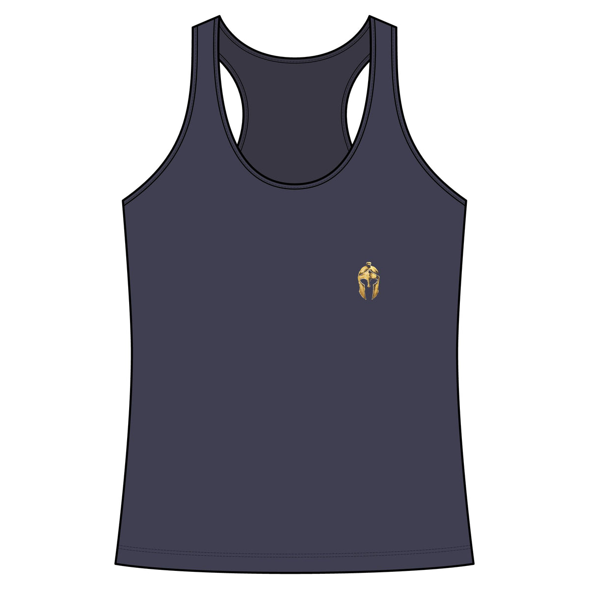 True Navy women's racerback tank with a small gold Helm helmet on the chest