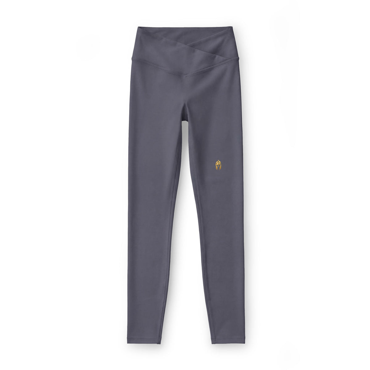Charcoal women's performance legging with a small gold Helm helmet on the left hip