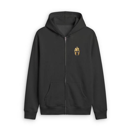 Artifex Legio men's faded zip hoodie in Faded Black with the gold Roman helmet on the left chest