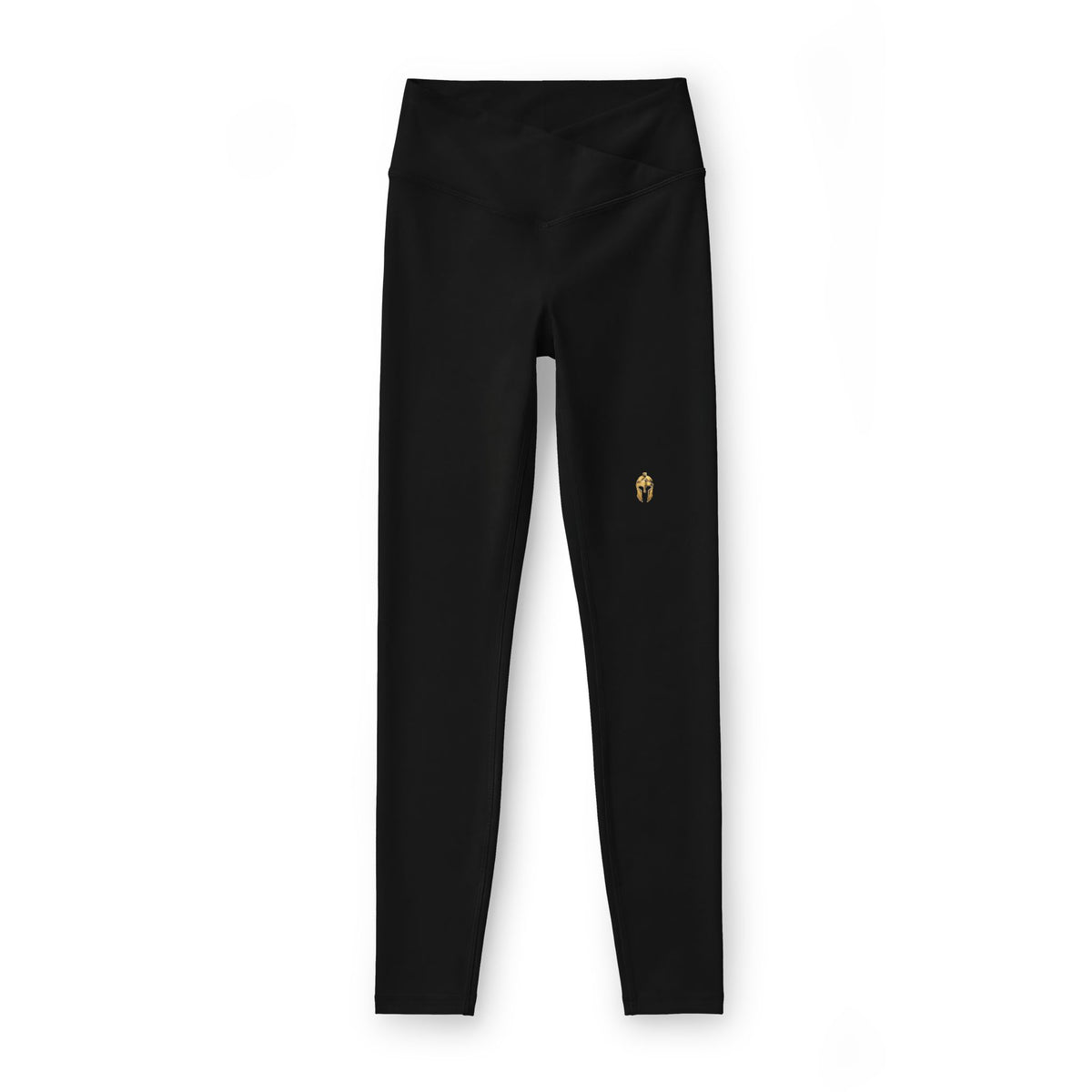 Black women's performance legging with a small gold Helm helmet on the left hip