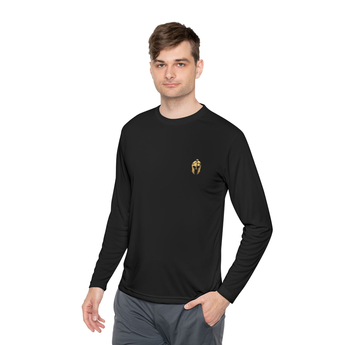 Man wearing black men's performance long sleeve with the gold Helm helmet on the chest