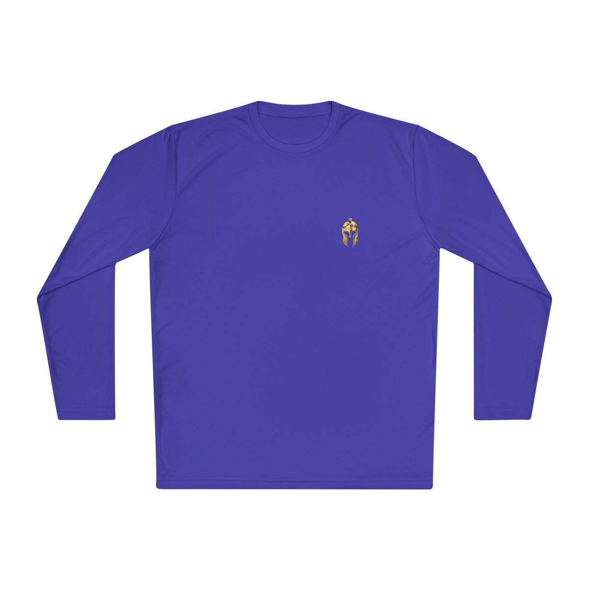 Purple men's performance long sleeve with a small gold Helm helmet on the chest