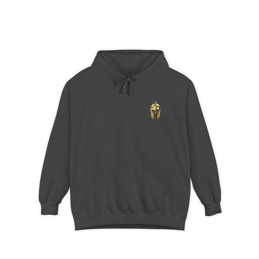 Artifex Legio washed hoodie in Pepper with the gold Roman helmet on the left chest