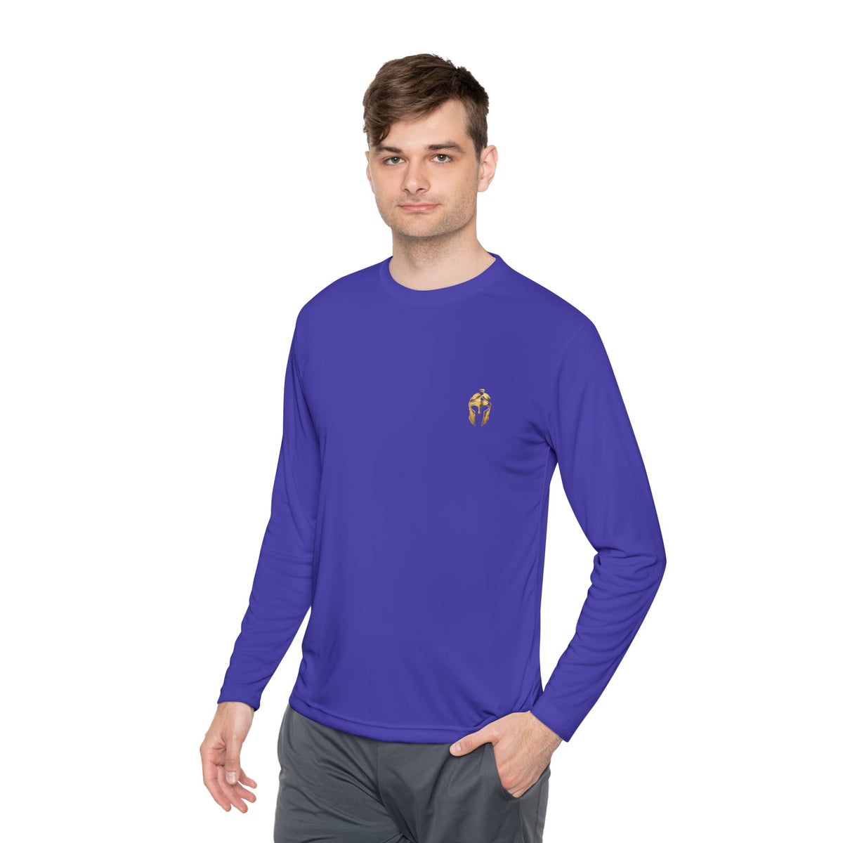 Man wearing purple men's performance long sleeve with the gold Helm helmet on the chest
