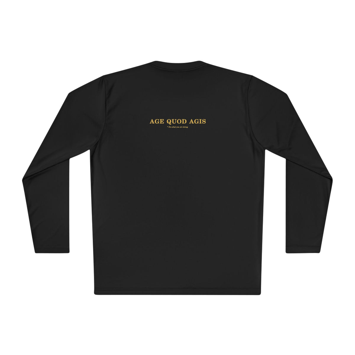 Back of black men's performance long sleeve with Age Quod Agis in gold