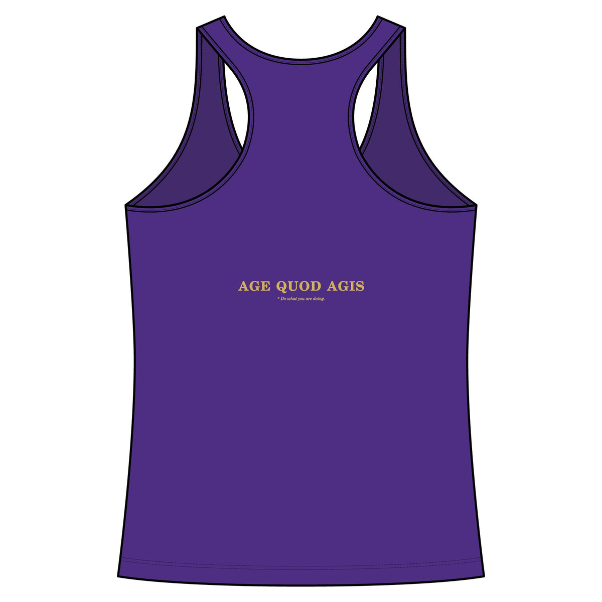 Back of purple women's racerback tank with Age Quod Agis in gold