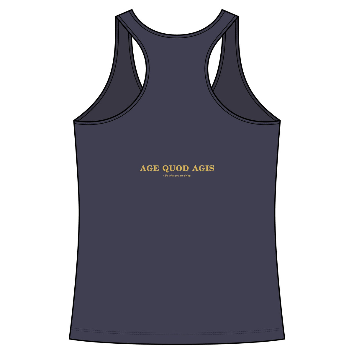 Back of true navy women's racerback tank with Age Quod Agis in gold