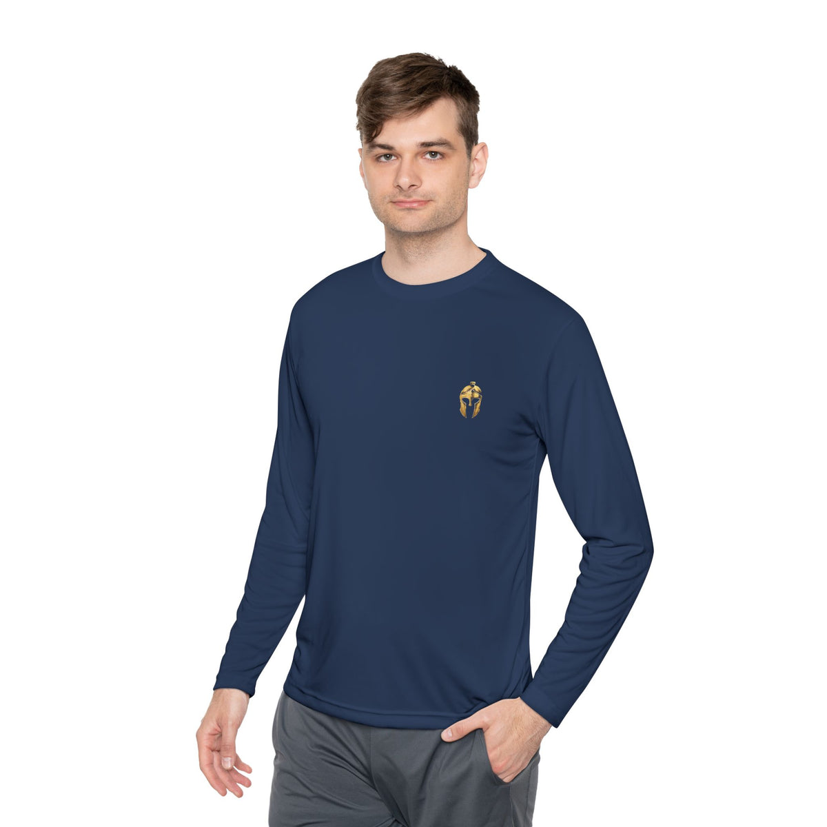 Man wearing true navy men's performance long sleeve with the gold Helm helmet on the chest
