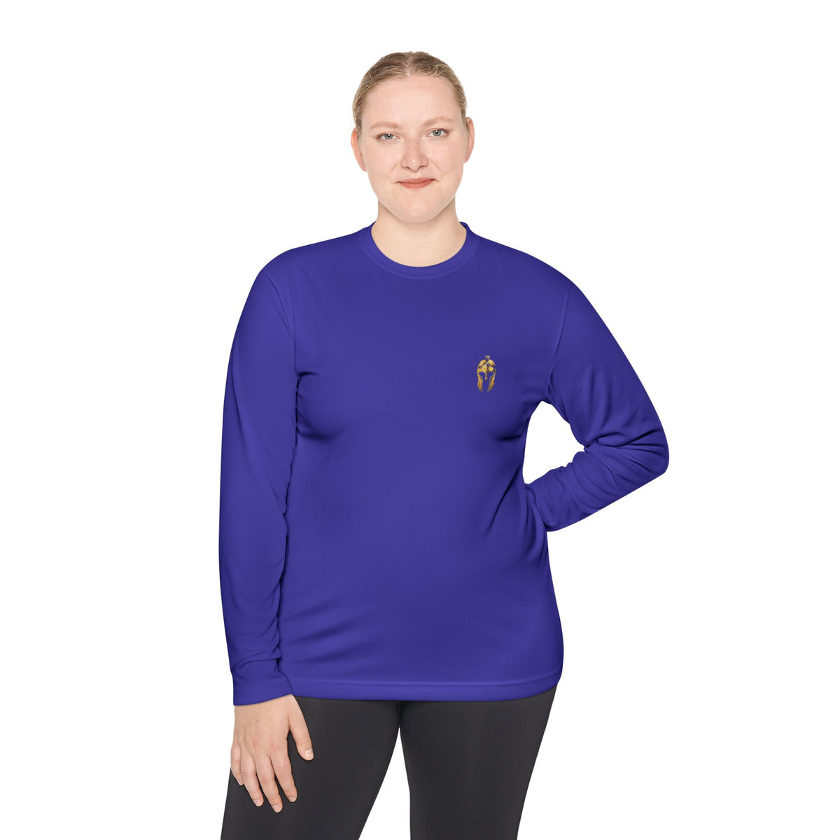 Woman wearing purple performance long sleeve with the gold Helm helmet on the chest
